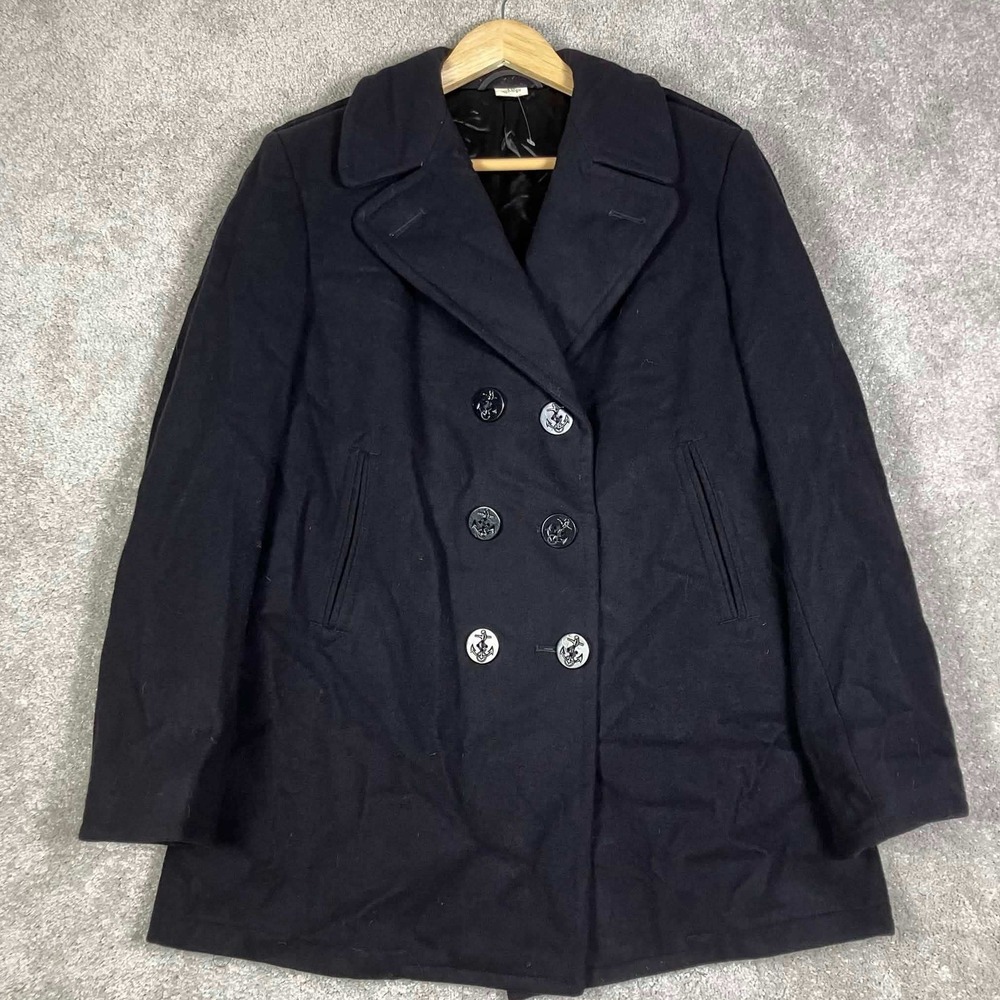 Vintage 80s Navy Pea Coat Womens 14L Black 100% Wool Military Overcoat